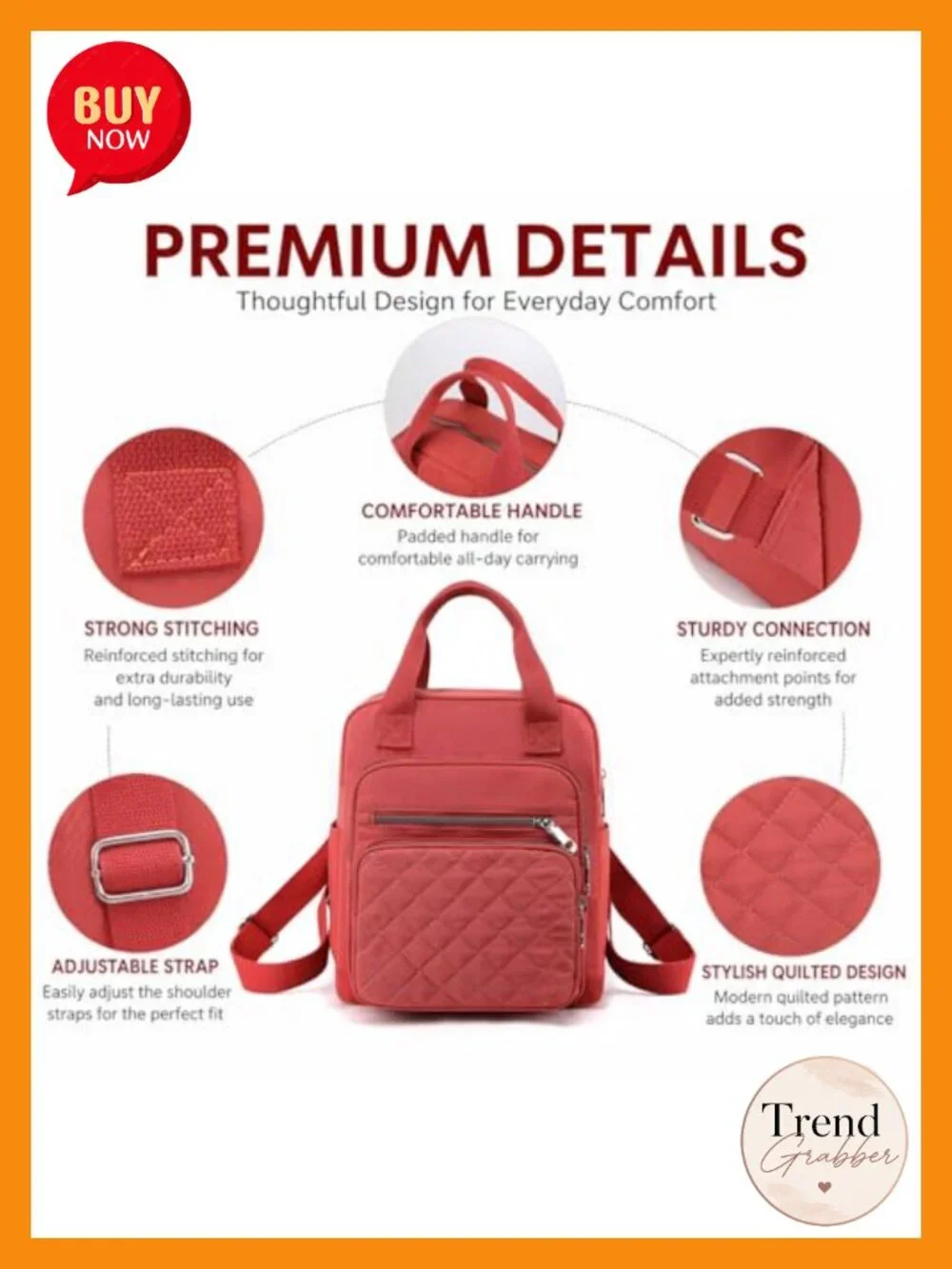 Quilted Small Backpack for Women Waterproof Multi Pocket Daypack Top Handle